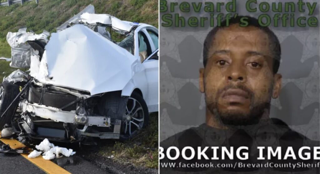 Damaged white car from I-95 crash in Brevard County, Florida, next to a booking image from Brevard County Sheriff's Office.
